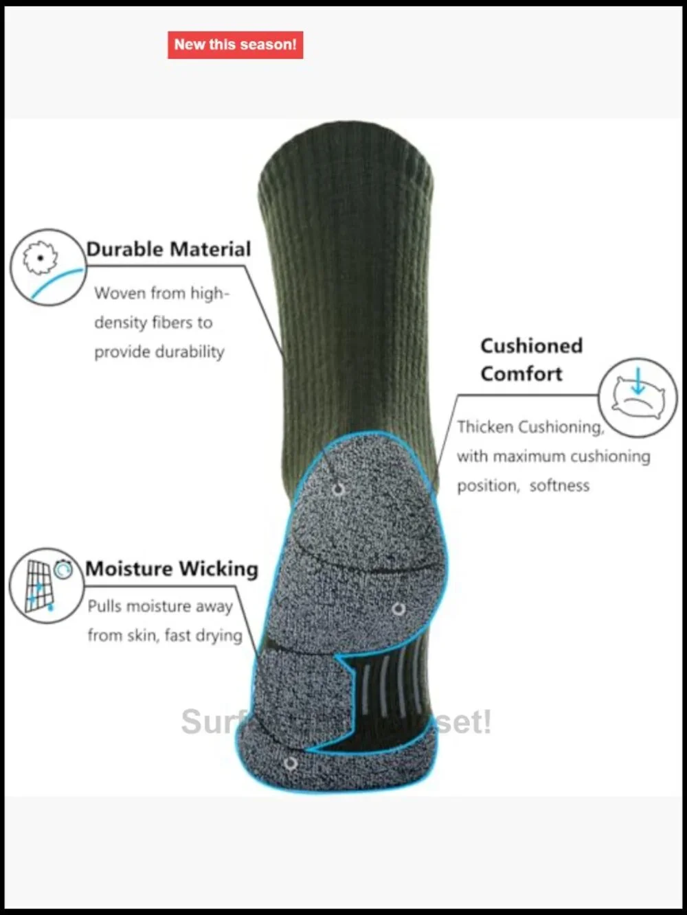 Crew Hiking Socks, Moisture Wicking, Arch Compression, Cushion Boot Socks